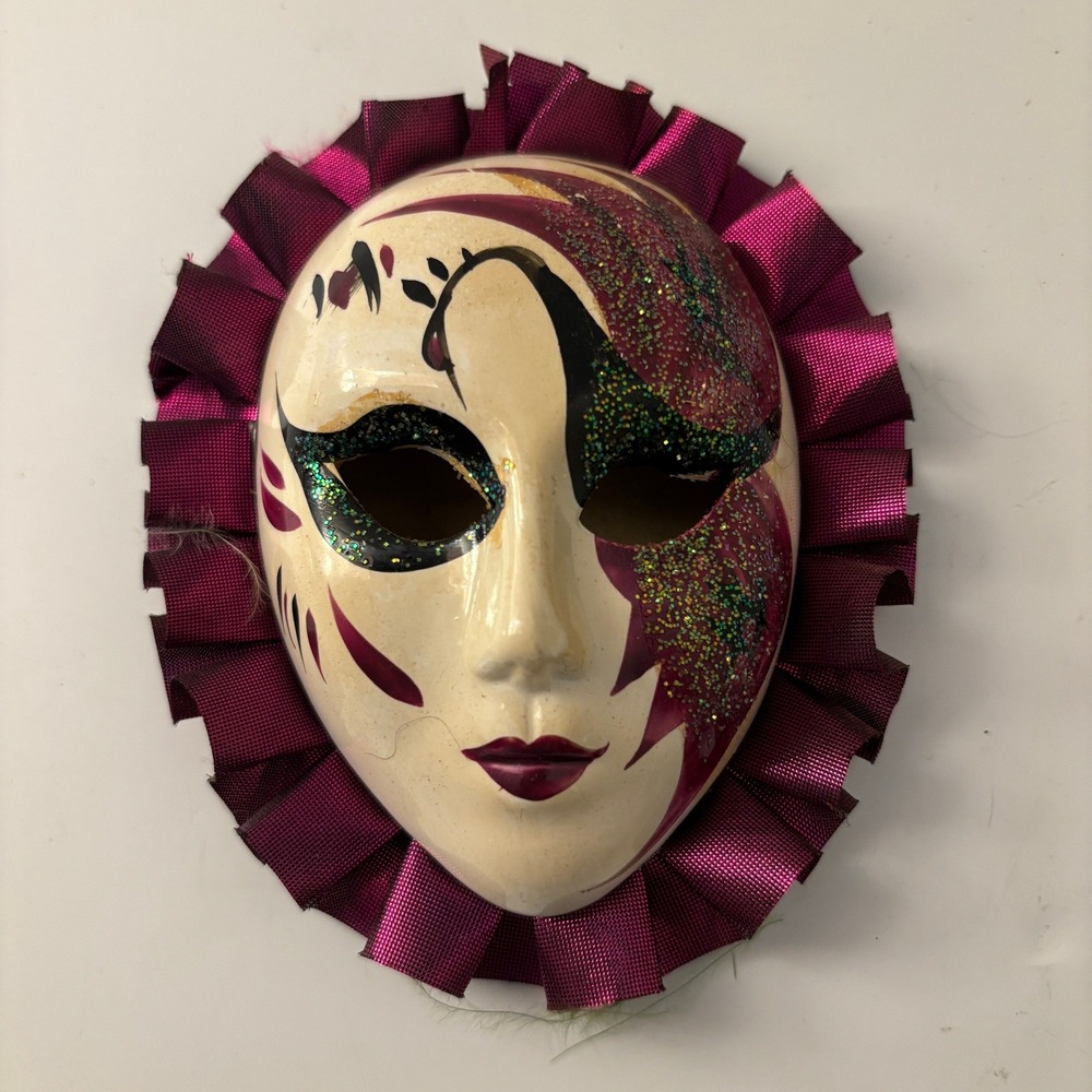 VTG Porcelain Ceramic Mardi Gras Mask Wall Decor Pink Purple Glitter 80s 90s